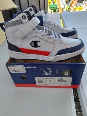 3Y Champion Kids White, Navy & Red High-Top Sneakers